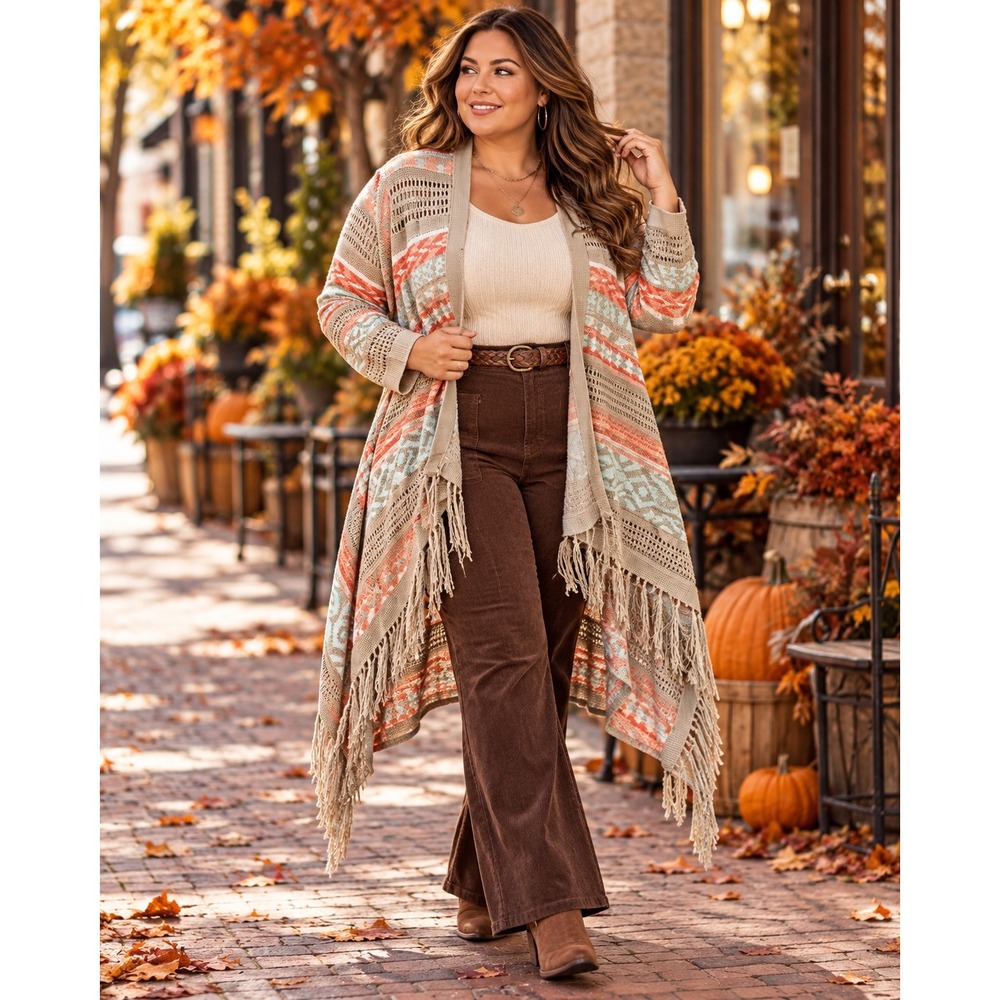 Womens Extra Large Southwestern Fringe Duster Boho Open Knit Waterfall Cardigan